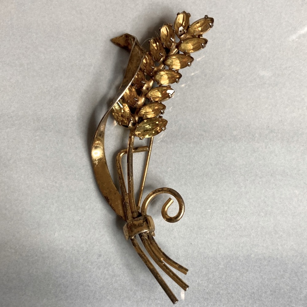 Vintage Coro Sterling Vermeil Wheat Brooch with Citrine Glass